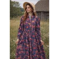 Laura Ashley Vintage Floral Cotton Maxi Dress Prairie Great Britain Blue Pink 10
