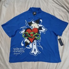 Ed Hardy Button Up Shirt Mens M Blue Art Snake Heart Cross American Tattoo NWT