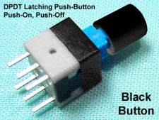  5 Miniature DPDT Push Button SWITCH - Latching Push-ON Push-OFF - Black Caps