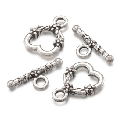 20 Sets Nickel Free Antique Silver Tibetan Style Heart with Flower Toggle Clasps