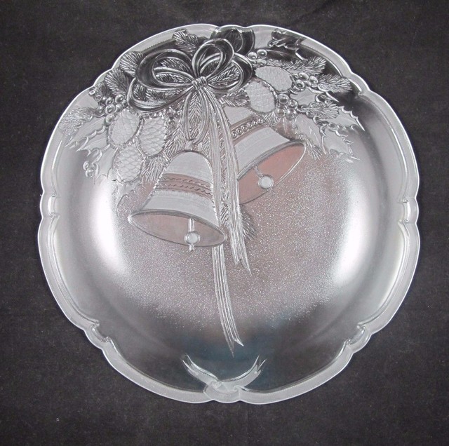 Mikasa Frosted Glass Christmas Round Platter Plate Holiday Bells 15