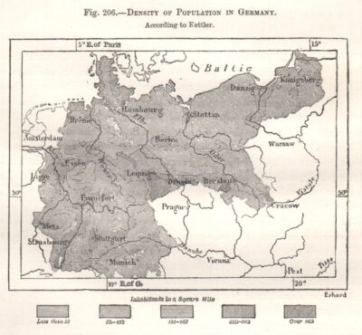 Bevölkerungsdichte in Deutschland. Skizzenkarte 1885 alte antike Plankarte