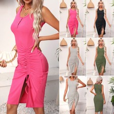 Women's Bodycon Dress Sleeveless Crew Neck Side Ruched Drawstring Tank Dresses
