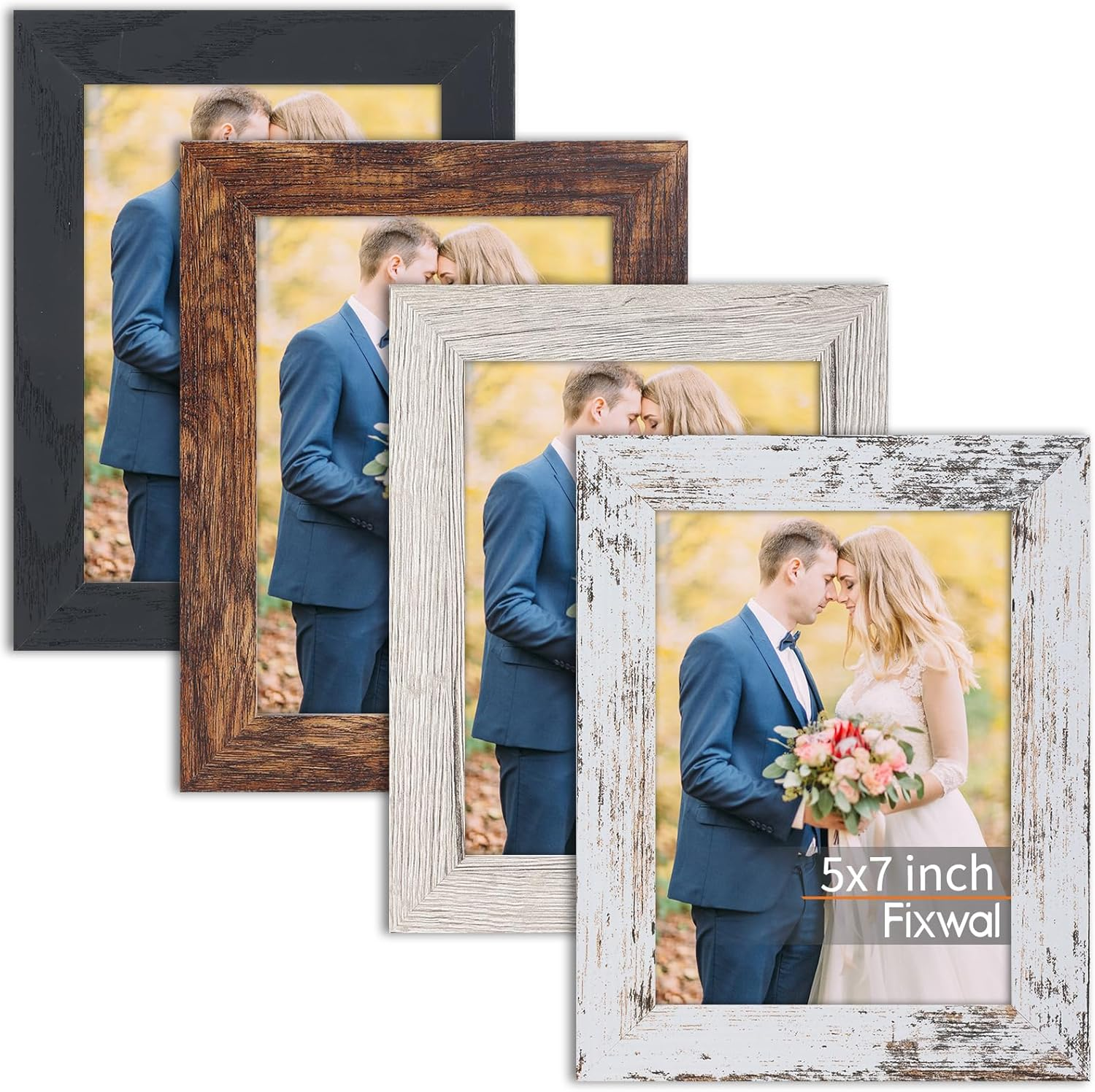 5X7 Picture Frame 4 Pack Distressed Vintage Farmhouse Wood Pattern Set, Display