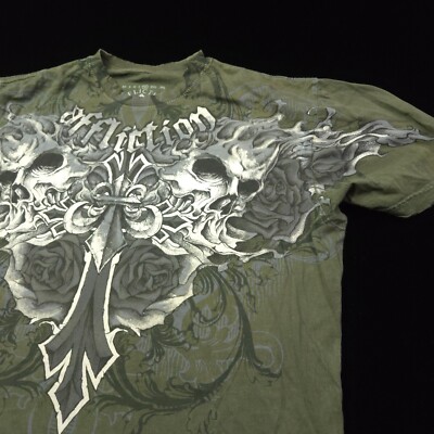 AFFLICTION CREW T-SHIRT -XL- GREEN BLACK WHITE SKULL CROSS