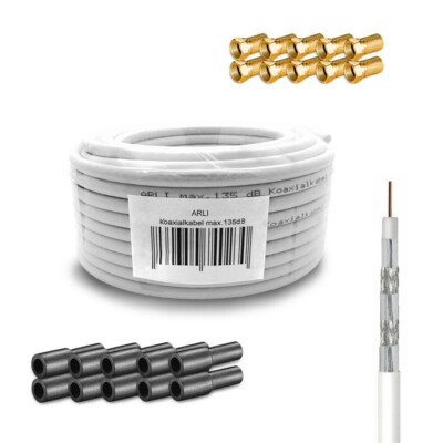 50m Koaxialkabel 135dB 10 F Stecker 10 x Gummitülle HD Sat Digital Antenne 4K