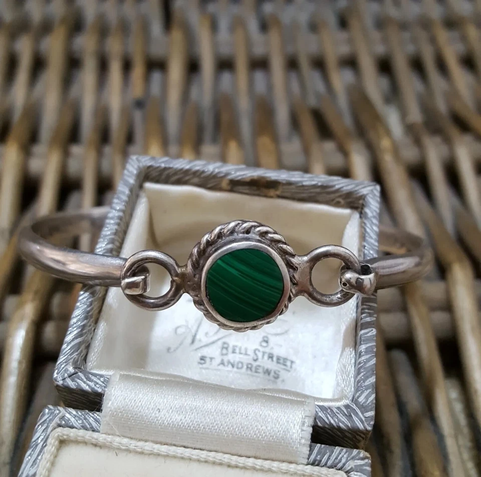 Pulsera Vintage Plata de Ley 925, Brazalete Malaquita Verde, 7.2", México  Foto 4 de 4