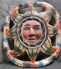 Maschera Del Sol vintage messicana in legno intagliato a mano arte popolare da parete.
