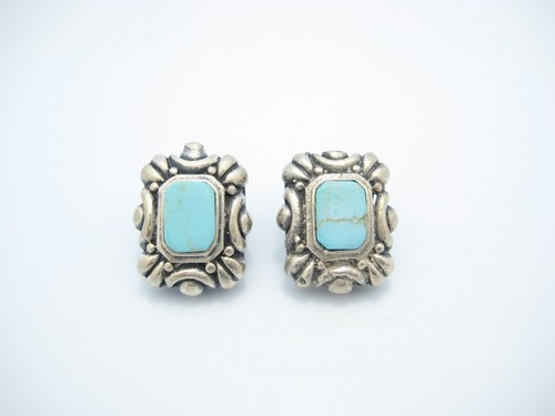 Thailand Sterling Silver Blue Turquoise Scroll Border Stud Earrings