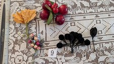 Vintage Millinery Flower Lot Gold Cloth Leaves Berries Cherries Black Flocked