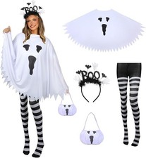 4 PCS Halloween Costume Set for Women Adult Ghost Costume, Ghost Poncho, Candy b