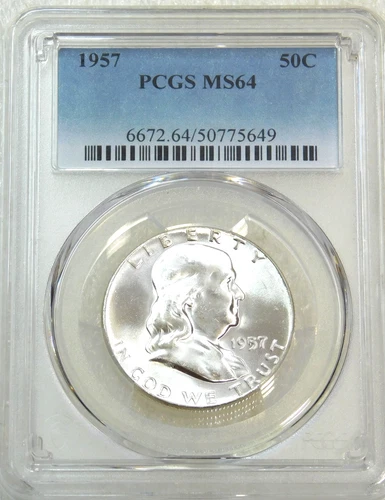 1957 P Franklin Half Dollar PCGS MS64 95% FBL Frosty Luster New Holder #V290M
