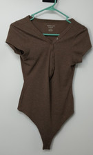 American Eagle Body Suit Women Sz M Thong Brown Ribbed Knit Stretch