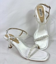 Badgley Mischka Jolie Soft White Satin Sandal Heels Wedding Pearl Embellish 8.5