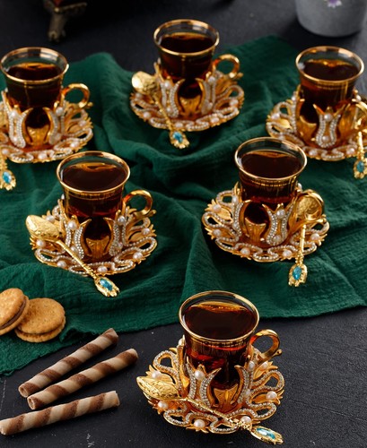 (Set of 6) Turkish Tea and Coffee Glasses Cups Set with Saucers Holders Spoon... - Picture 2 of 8