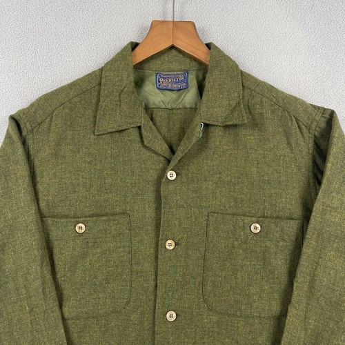 Vintage Pendleton Board Shirt Mens Medium Green Button Up 100% Virgin Wool 1960s - Picture 2 of 10