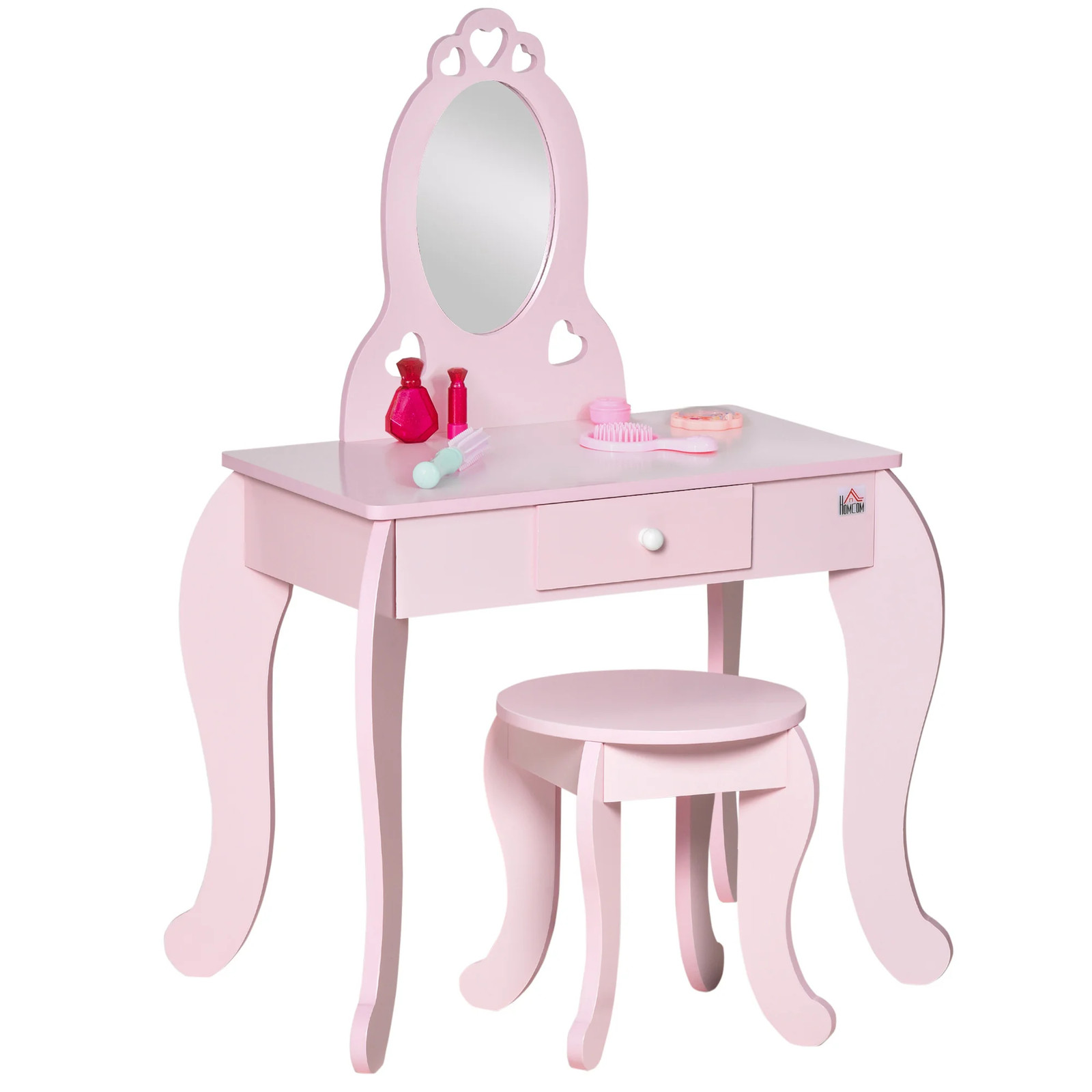 Coiffeuse enfant rose en bois MDF avec miroir cœur et tabouret assorti pour petite fille