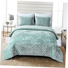 Fredsure Distressed Velvet Quilt Set, 3 Pieces Distressed Queen Sage Green