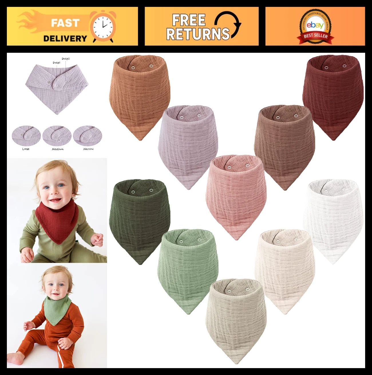 10 Pack Muslin Baby Bibs - Soft Cotton Bandana Drool Bibs for Teething & Droolin
