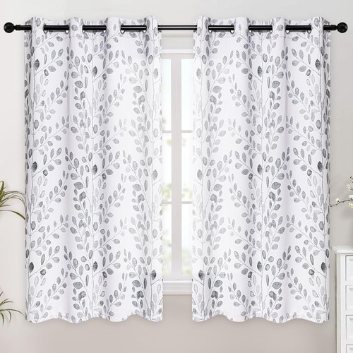 Serene Leaf-Print Thermal Insulated Curtains - 2 Panel Drapes for Bedrooms 52x63 - Picture 4 of 10