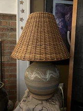 1960s Stoneware Lamp Sand/Teal Round H 13 x W 11 Boho Bungalow Decor