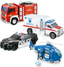 4 Packs Emergency Vehicle Toy Playsets, Friction Powered Vehicles with Light and