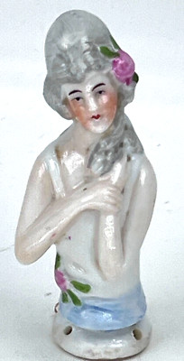 Half Doll Pin cushion Gray Hair Black Eyes 3'' Tall  sew on Antique porcelain 