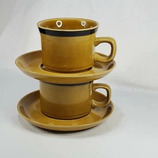 Vintage  Stoneware Honey Japan Cup Brown w/h Blk Stripe 2 Stackable Mug & Saucer