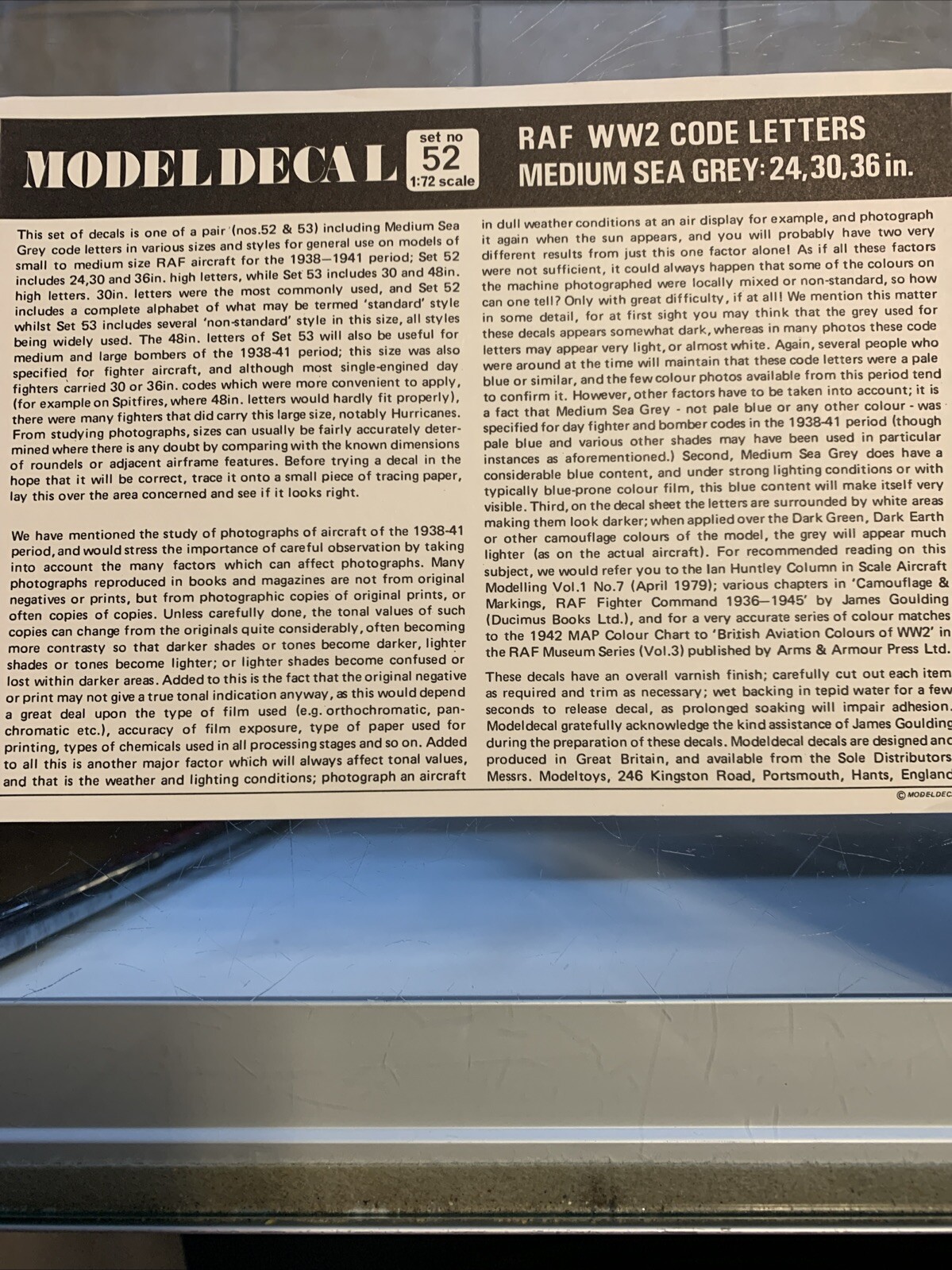 1/72 Model Decal #52 RAF WW2 Code Letters 24,30,36in. KH