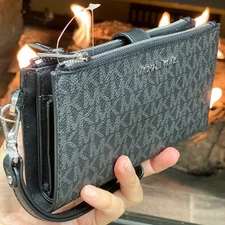 Michael Kors Jet Set Travel Double Zip Wristlet Wallet MK Logo Signature Black