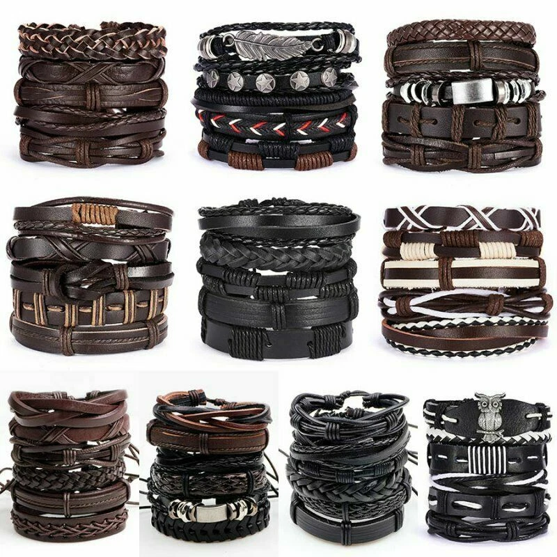 6pcs / Set de Bracelets cuir fait-main Tressé homme femme cadeau bijoux Nouveau - Photo 2/4