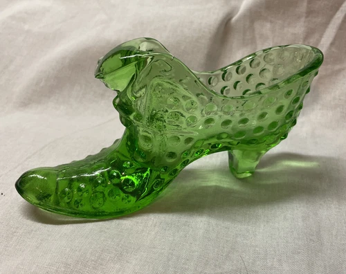 Vintage Fenton Cat Head Hobnail Glass,Emerald Slipper Shoe
