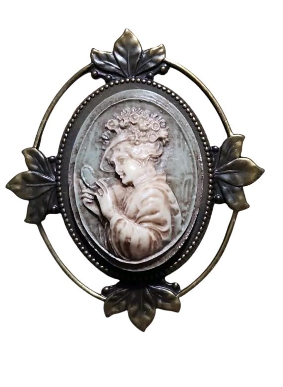 Adorable Victorian Revival Lady Cameo Lady In Hat Looking In Mirror brooch