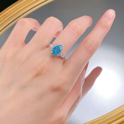 Ladies 3 Ct Lab Created Blue Topaz 14K White Gold Plated 3 Stone Engagement Ring