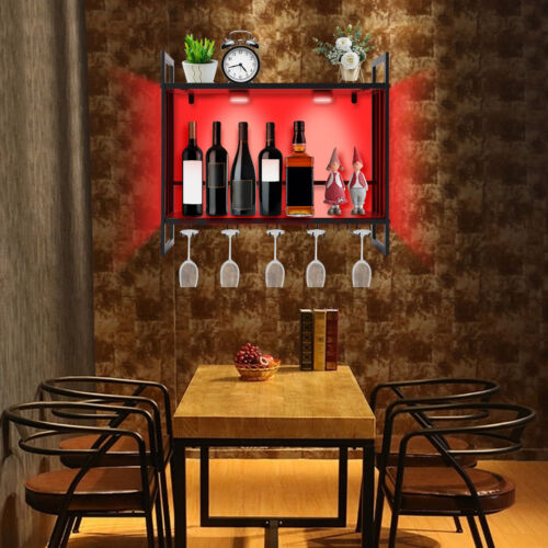 Wall Mounted LED RGB Wine Display Rack Wine Bottle Storage Holder Glasses Hanger - Afbeelding 1 van 11