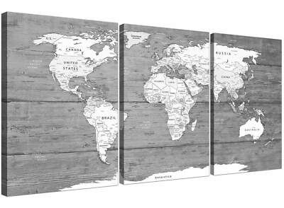 Große Schwarz Weiß Weltkarte Atlas Leinwand Wandbild Kunstdruck - Split 3 Set - 3315