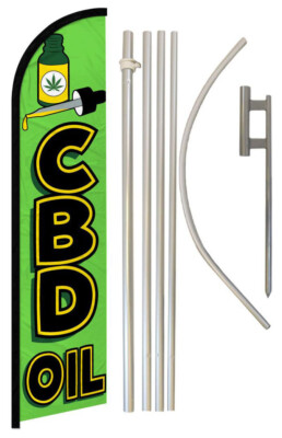 C.B.D. Oil Green Advertising Windless Banner Flag 16' Flagpole Kit Ground Spike