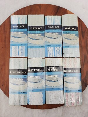 Large 8 pc Lot - Wrights Lace Trim, Edging Flat Scalloped Eyelet Beading NEW NOS