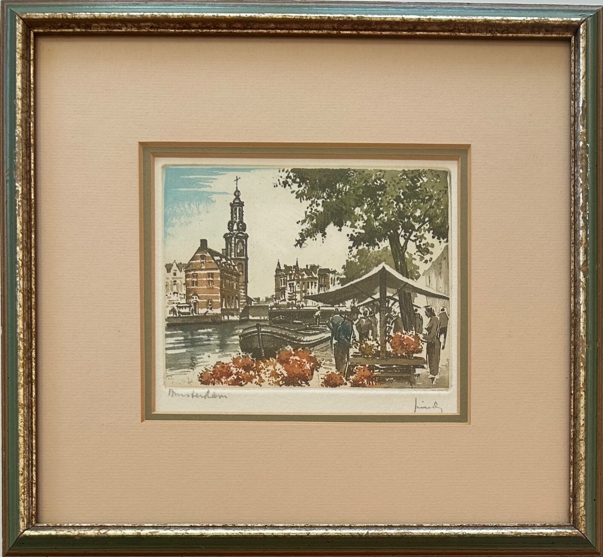 Ernst Linck - signed, framed, hand-colored etching 