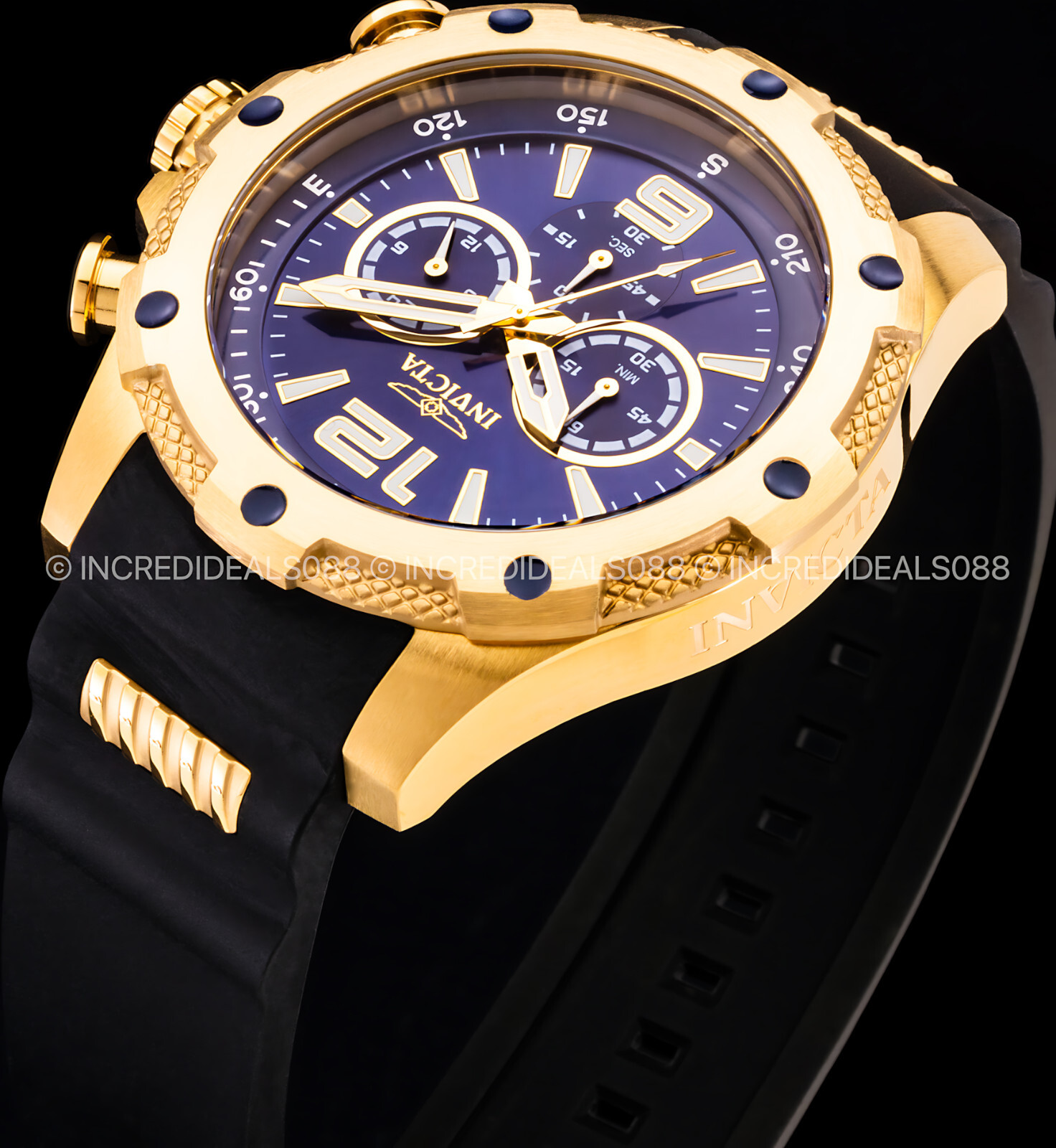 Invicta Men I-FORCE Chronograph 18Kt Gold Blue Dial Black Strap 50mm SS Watch