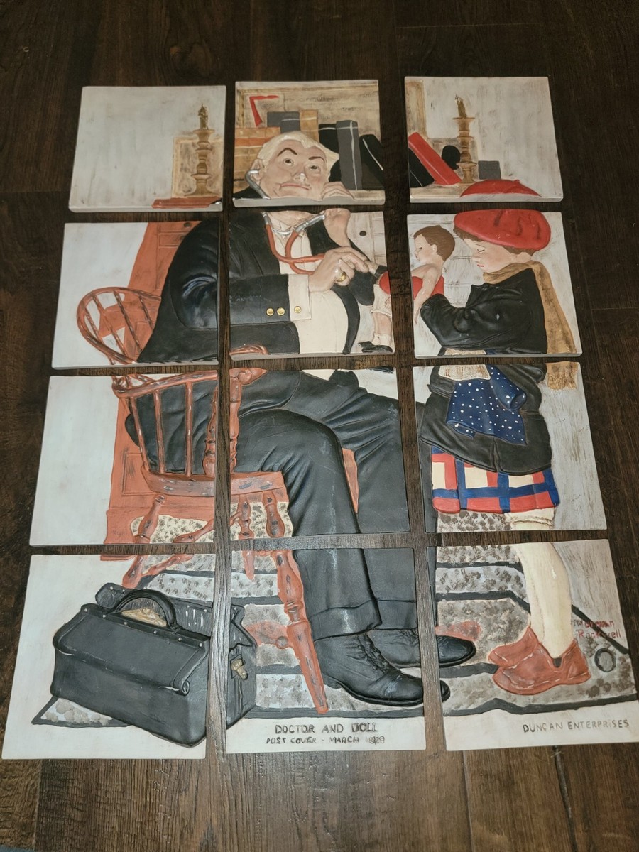 Vtg Norman Rockwell Doctor And Doll 1929 3D Ceramic Tile Raised