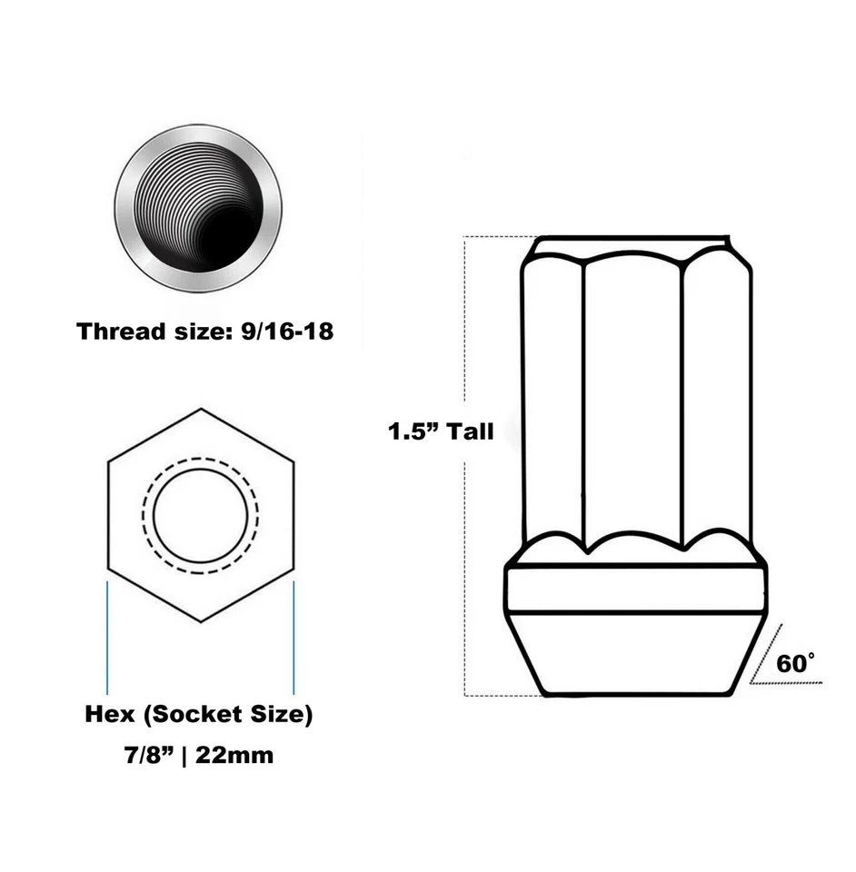 32 piezas 9/16-18 Ajuste Dodge Ram Fabricante Original Cromo 7/8" Rueda Hexagonal Tuercas Asiento Cónico Foto 3 de 4