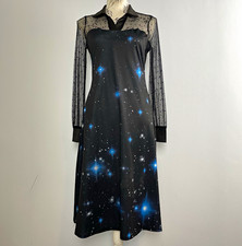 Dressfo UK 10 Black Blue Star Print Mesh Sheer Collared Long Sleeve Midi Dress