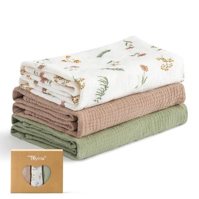 TILLYOU 3-Pack Muslin Swaddle Blankets for Newborns Baby Girls Boys Cotton