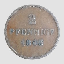 2 Pfenning von 1843, Königr. Bayern, Ludwig I, 1825-48, sehr seltenes Prägejahr!
