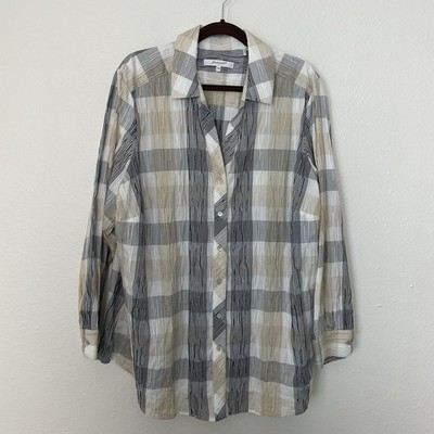 Foxcroft Blouse Wrinkle Free Preppy Button Up 24W Neutral Tone Plaid Crinkle
