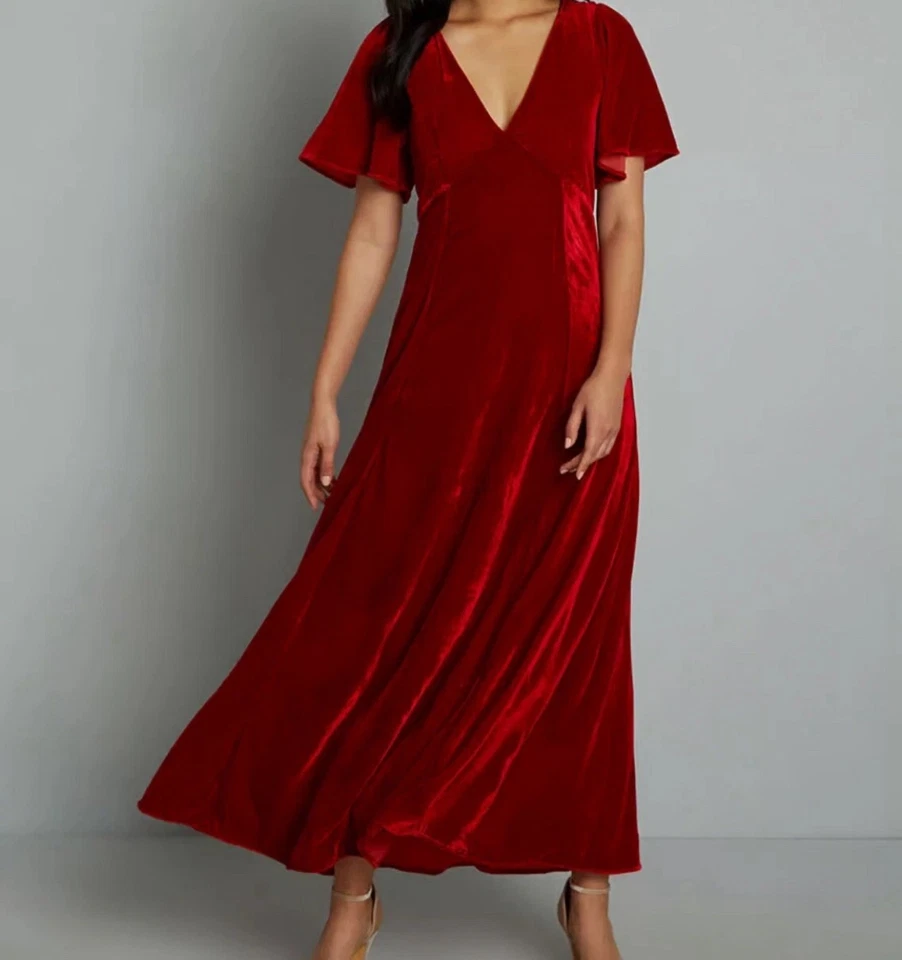 ModCloth Dress Womens M Red Velvet Maxi Tie Back V Neck Flutter Sleeve Holiday - Image 2 of 4