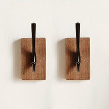 2 Pack Walnut Wood Wall Hooks for Hanging, Adhesive Drilling Mounted, Decor...