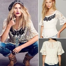 Free People XS Cream black short sleeve Lace Peplum top Blouse