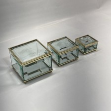 Vtg SET Floral Etched Beveled Glass And Brass Jewelry Trinket Mirrored Boxes x3